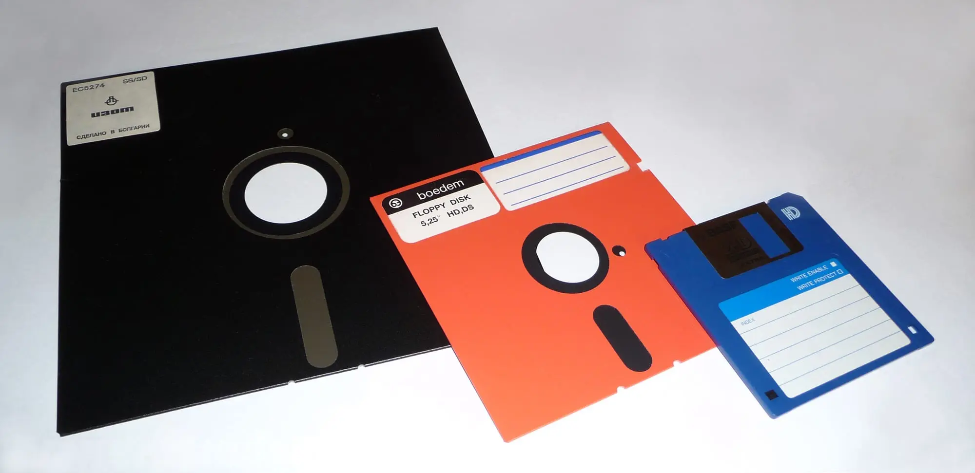 Eight-inch, five-and-a-quarter-inch and three-and-a-half-inch floppy disks